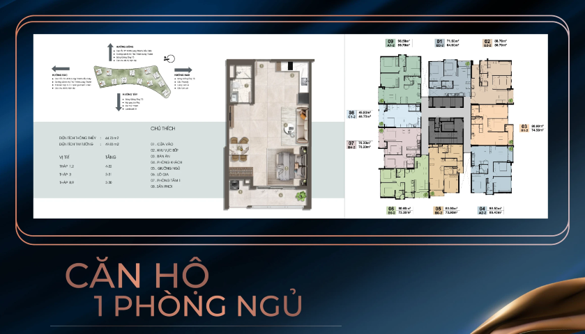 Mặt bằng căn hộ 1 phòng ngủ The Privé