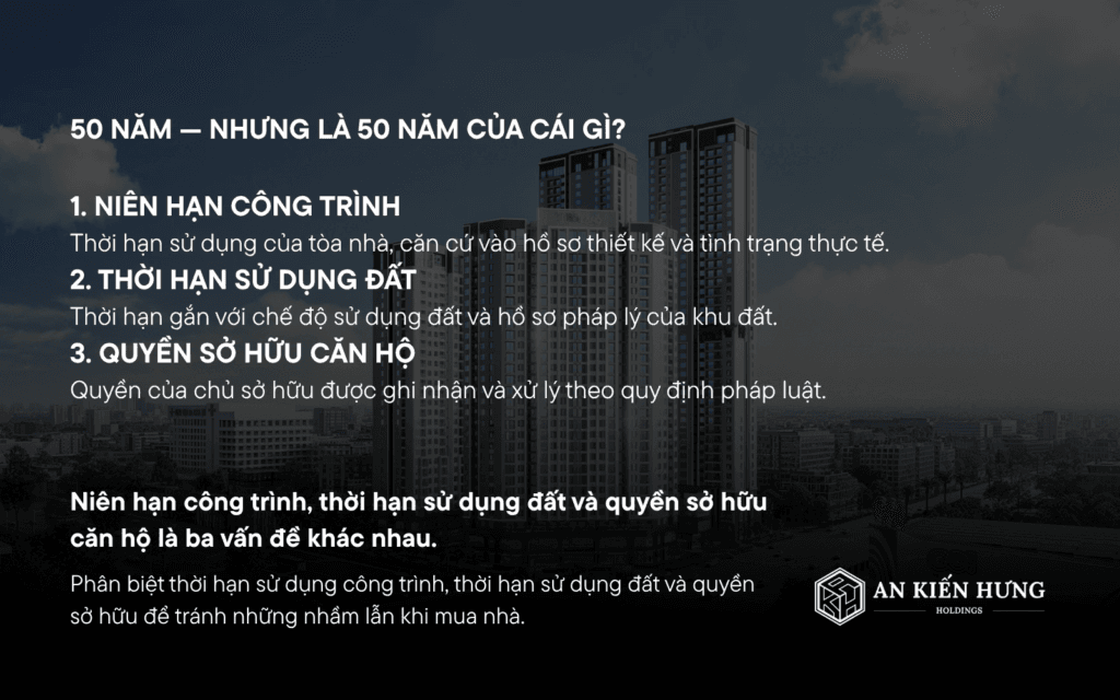 Bảng so sánh ba khái niệm niên hạn công trình, thời hạn sử dụng đất và quyền sở hữu căn hộ chung cư
